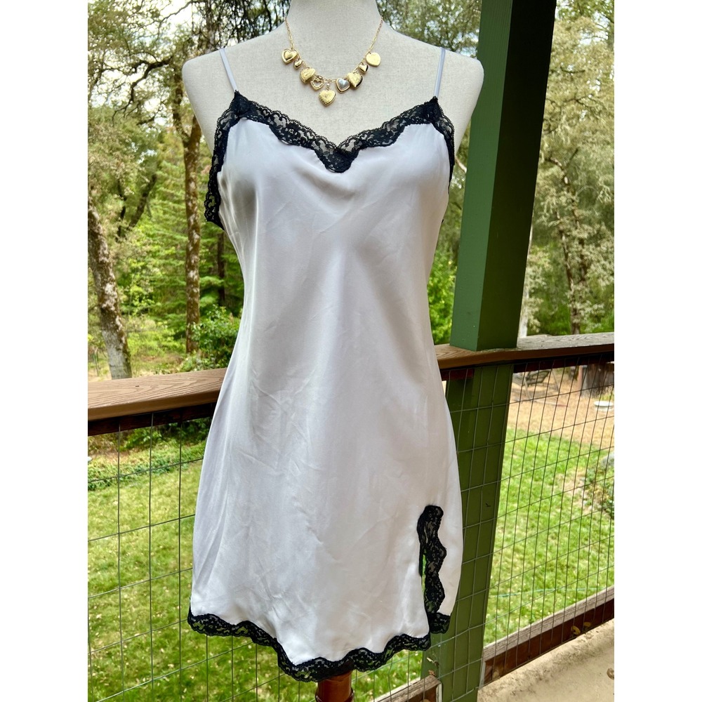 Victorias Secret Silver Grey Satin Lace Trim Slip Dress Nightgown Large Romantic